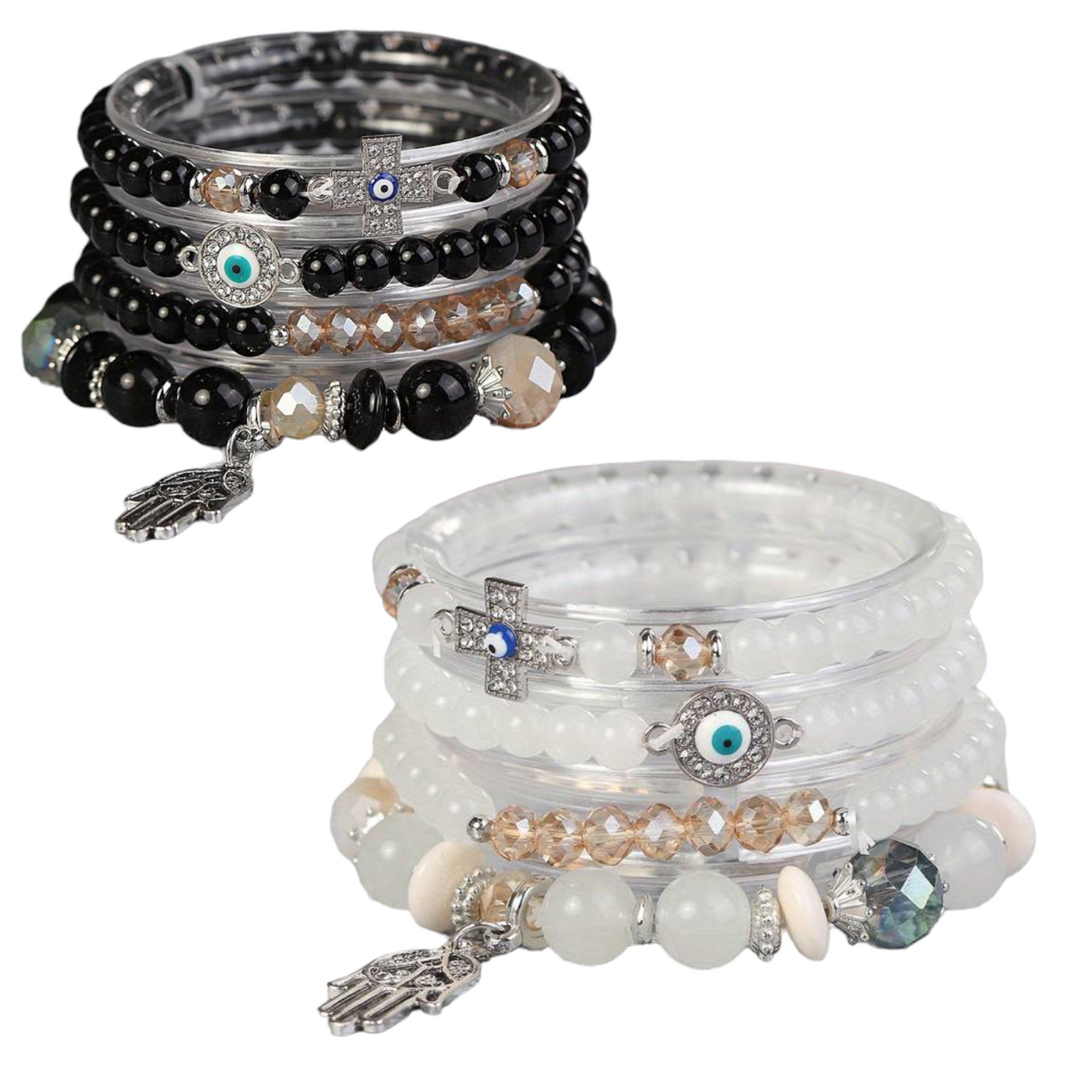 Armband Fatima Hand Perlen und Steine Weiß Schwarz Nazar