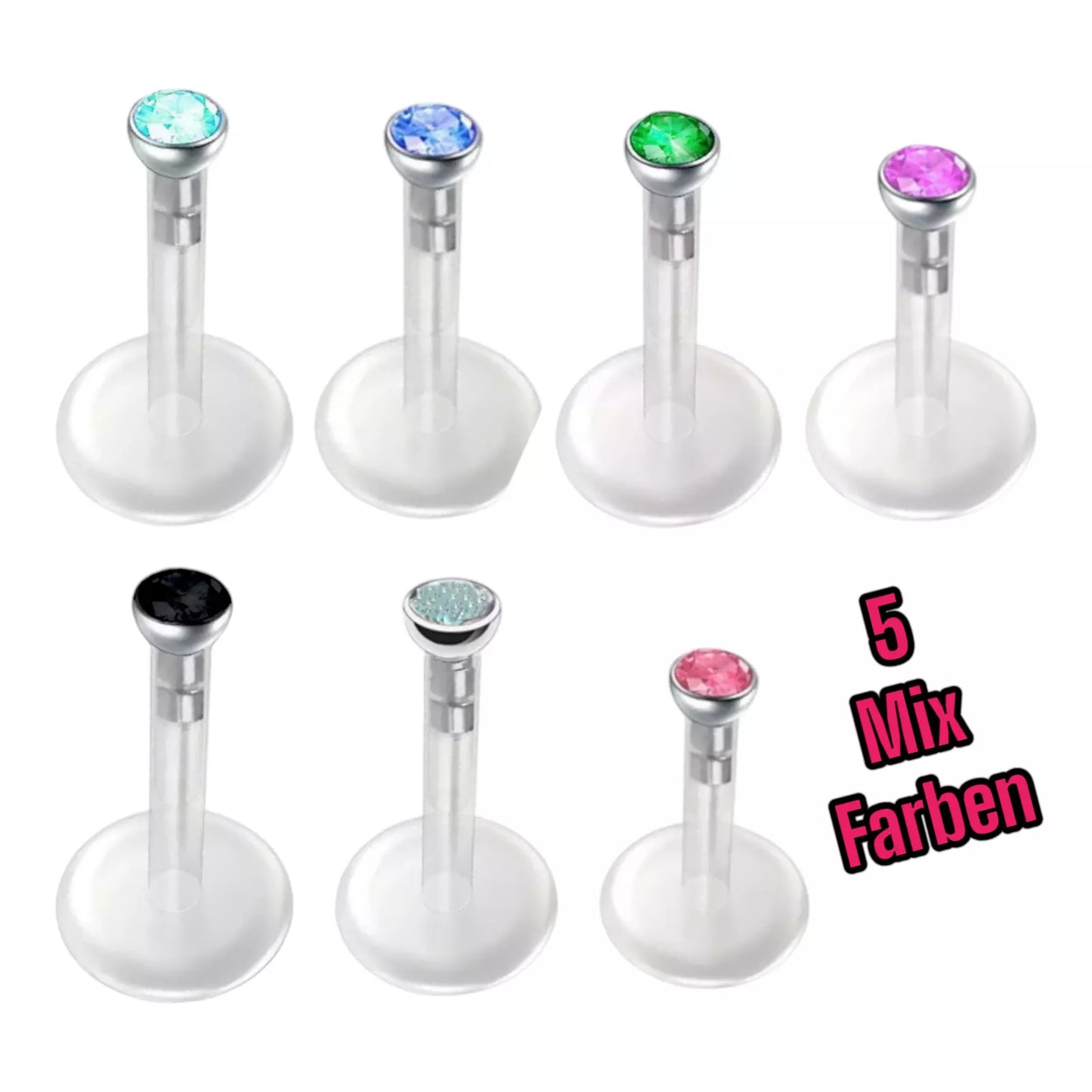 5x Bioflex Piercing Stecker mit Stein 2mm 3mm Klar Rainbow Pink